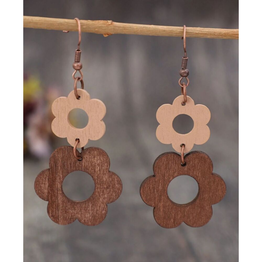 New Vintage Flower & Wood Chip Patchwork Wooden Earrings